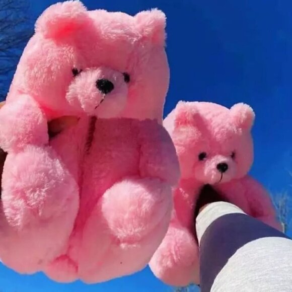 PINK TEDDY BEAR PLUSH SLIPPERS - Picture 7 of 10